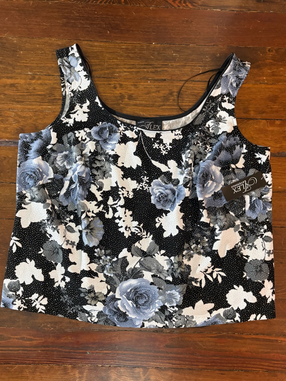 NWT Alex evenings black rose floral tank sparkle top blouse size 3X